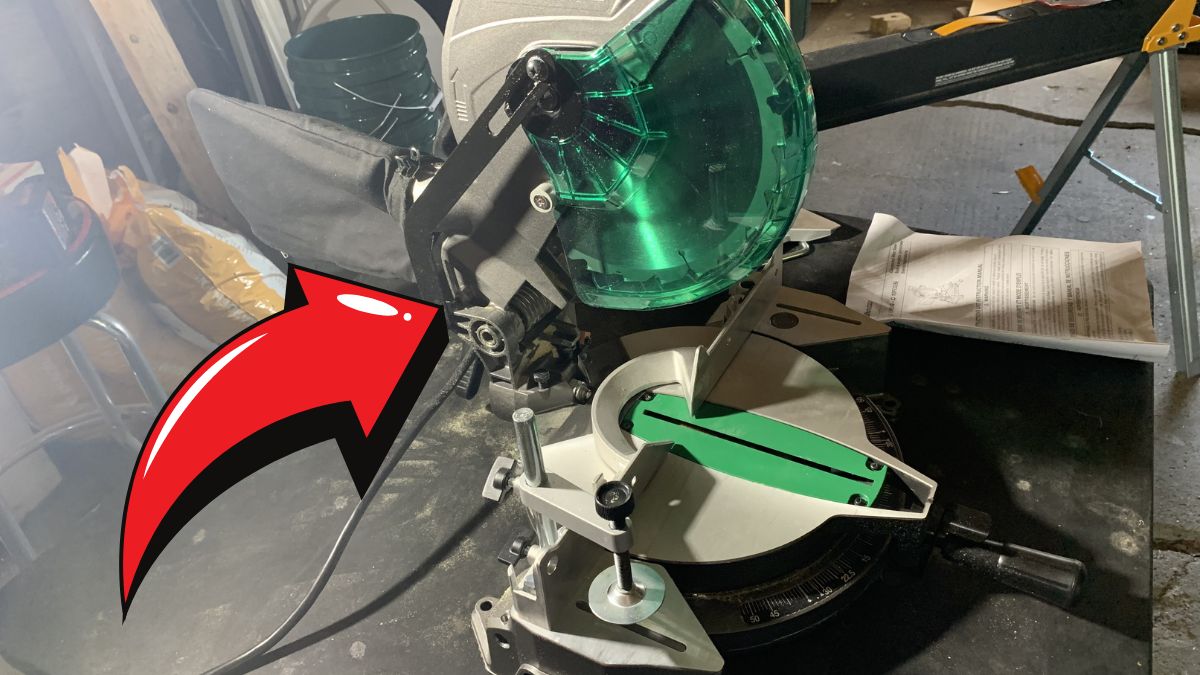Red arrow pointing to the Metabo HPT 10 Inch Miter Saw